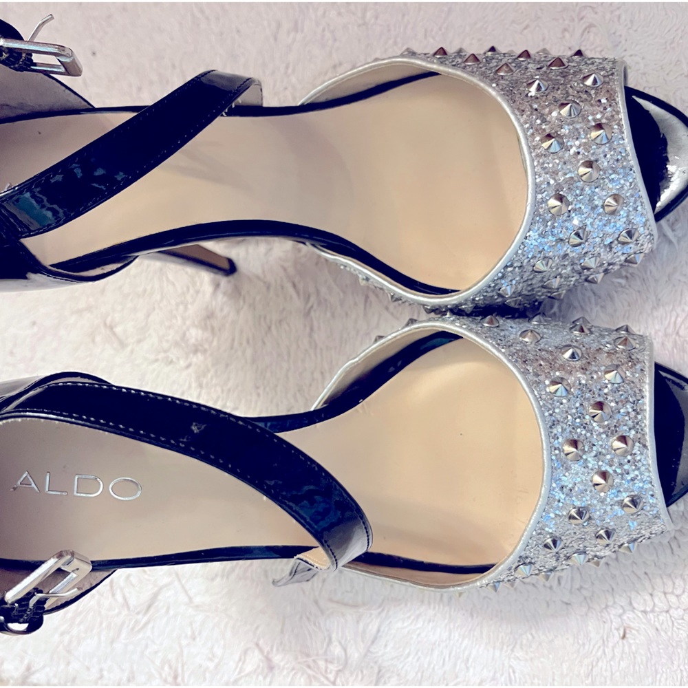 Aldo Black and Silver PatentLeather Peep-toe Spike Heels